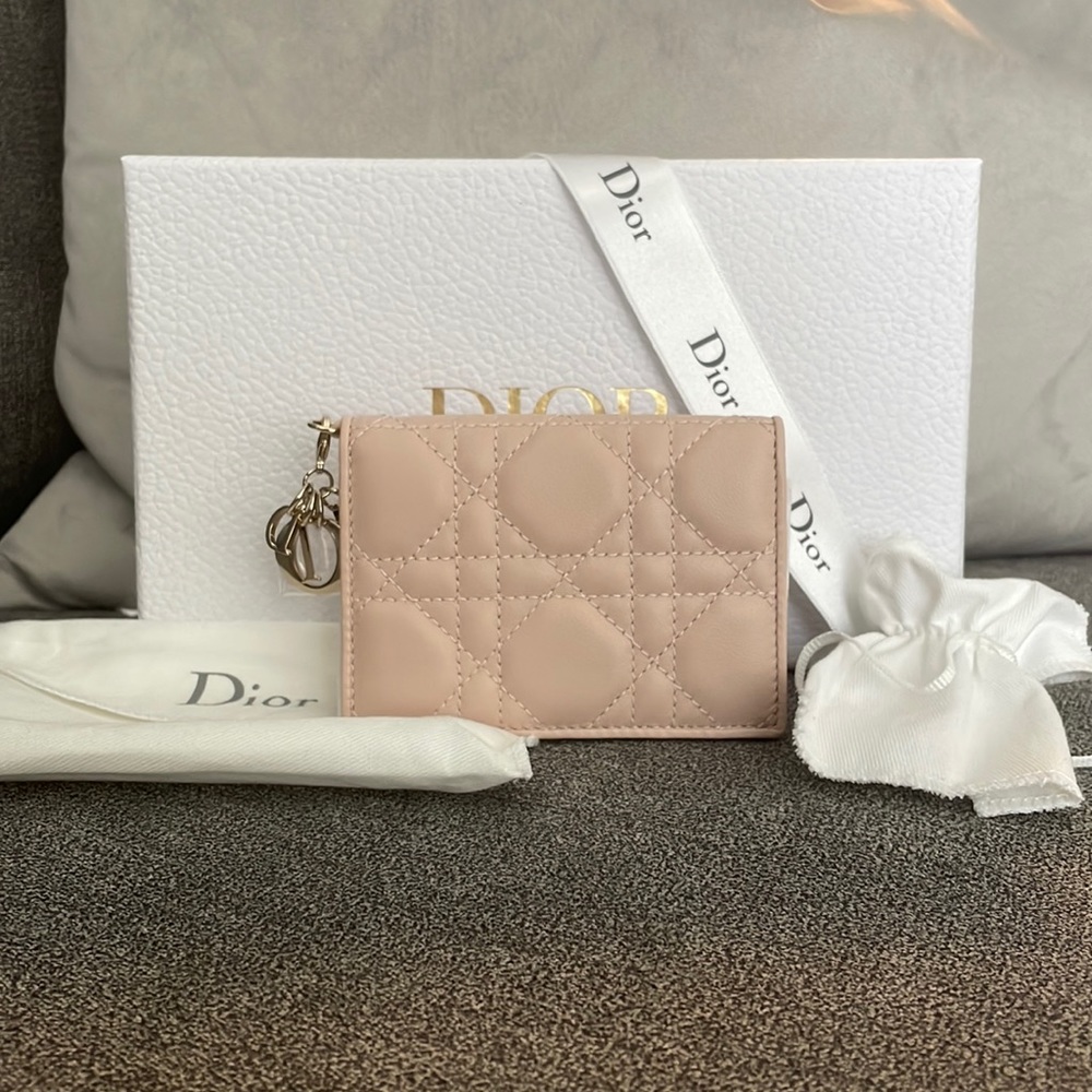Mini Lady Dior Wallet - Rose Poudre Cannage Lambskin Leather